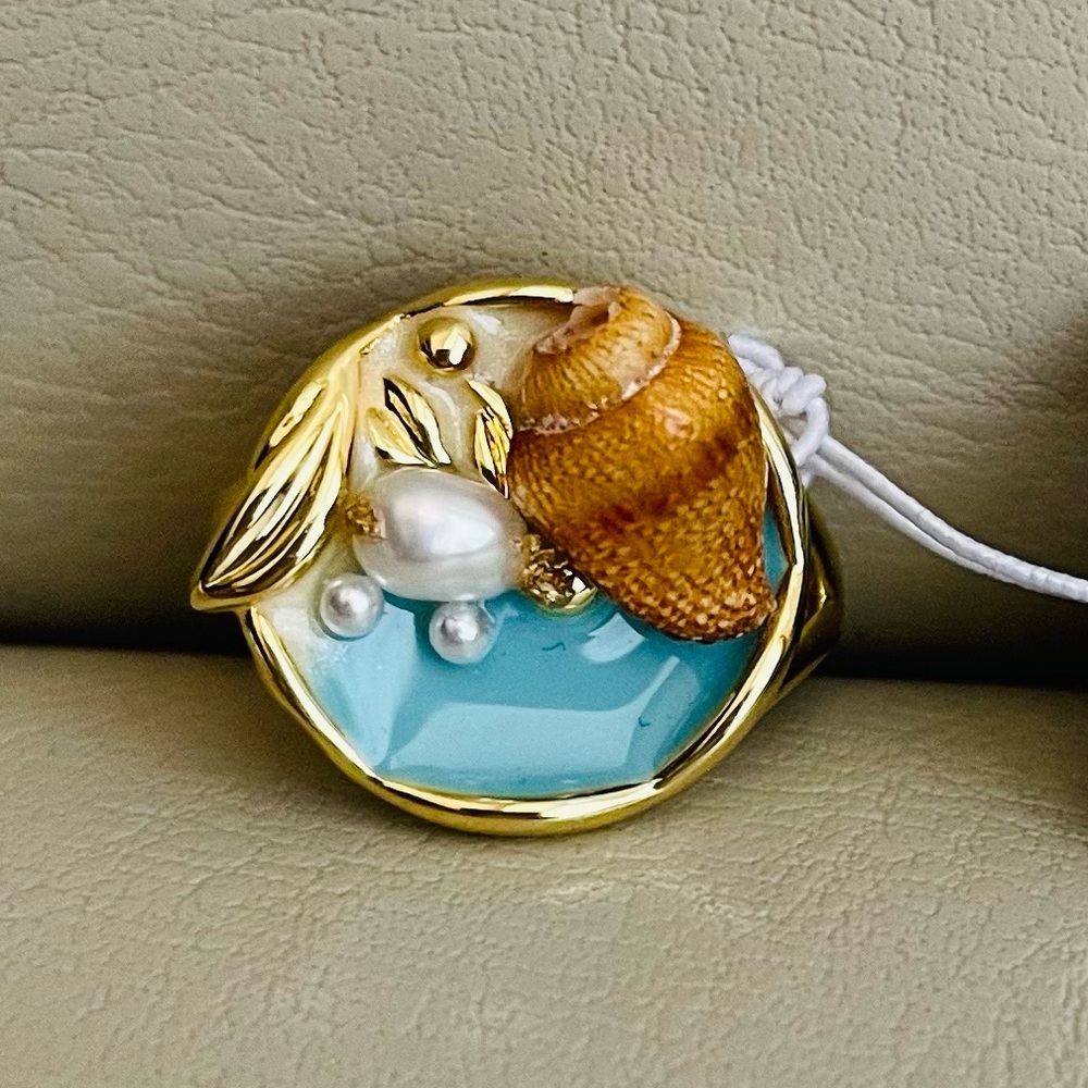 LAMENO Freshwater Pearl Sea Shell Ring in Blue and Gold - Picture 10 of 10